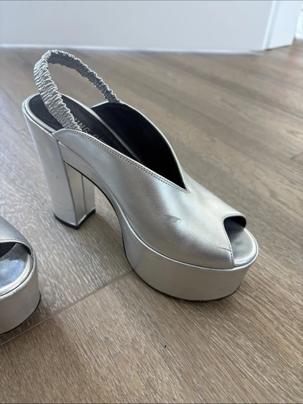 Opening Ceremony Metallic Silver Peep-Toe Platform Slingback Heels